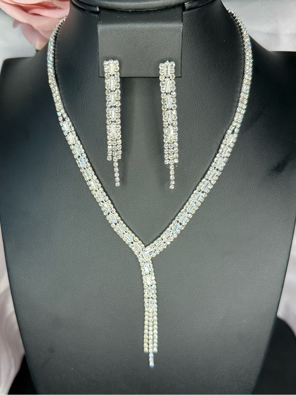 Silver Tone Rhinestone Y Necklace Earrings Set Wedding Prom Formal Glam